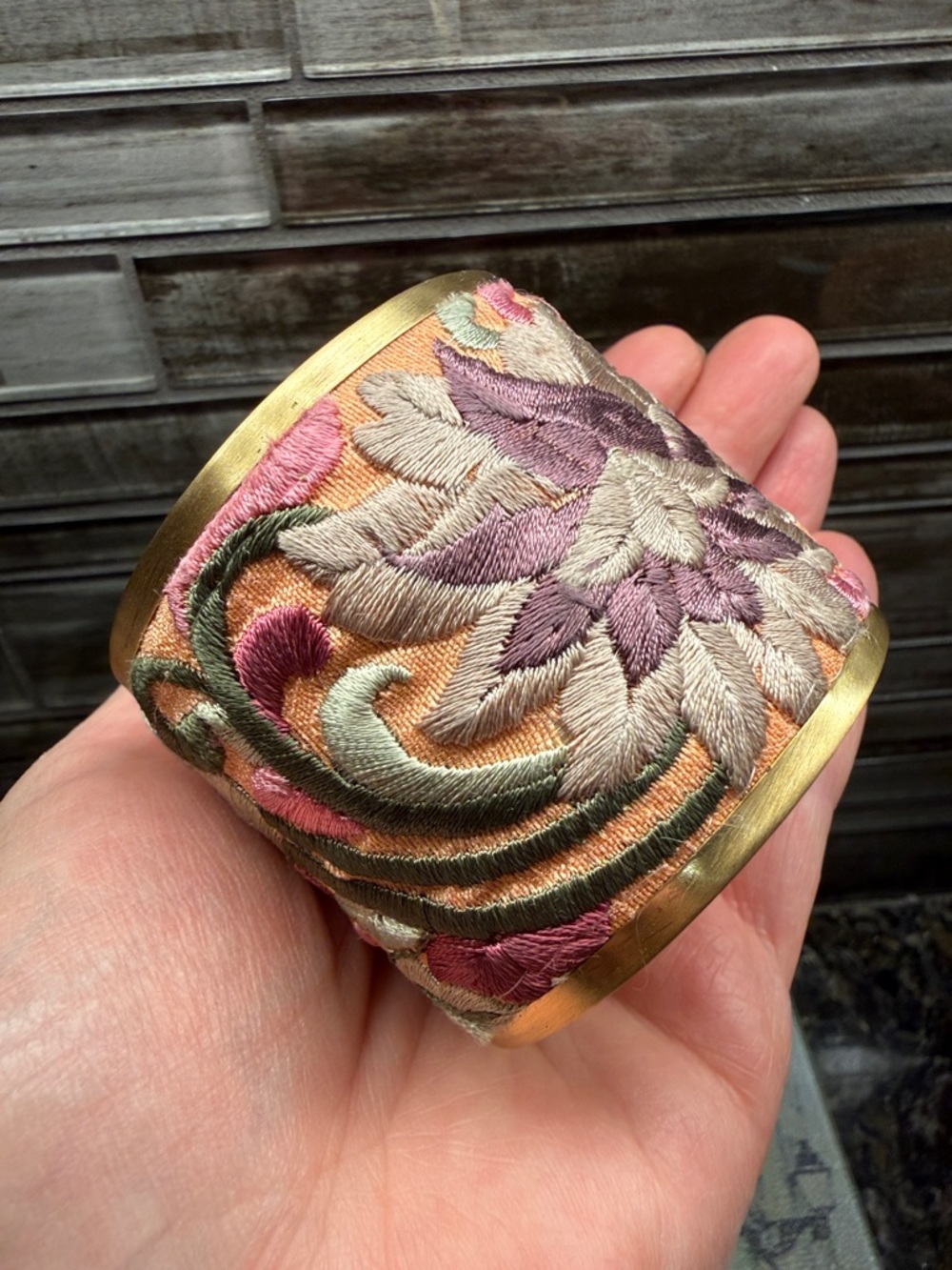 Embroidered Floral Cuff Embroidery fabric over silver tone Bracelet mauve green